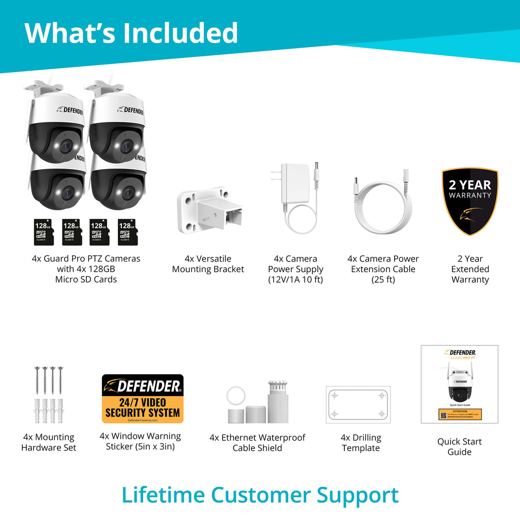 EXCLUSIVE BUNDLE: Guard Pro PTZ 2K Wi-Fi. Plug-In Power Security Camera, 4 Pack. 4 128GB SD Cards