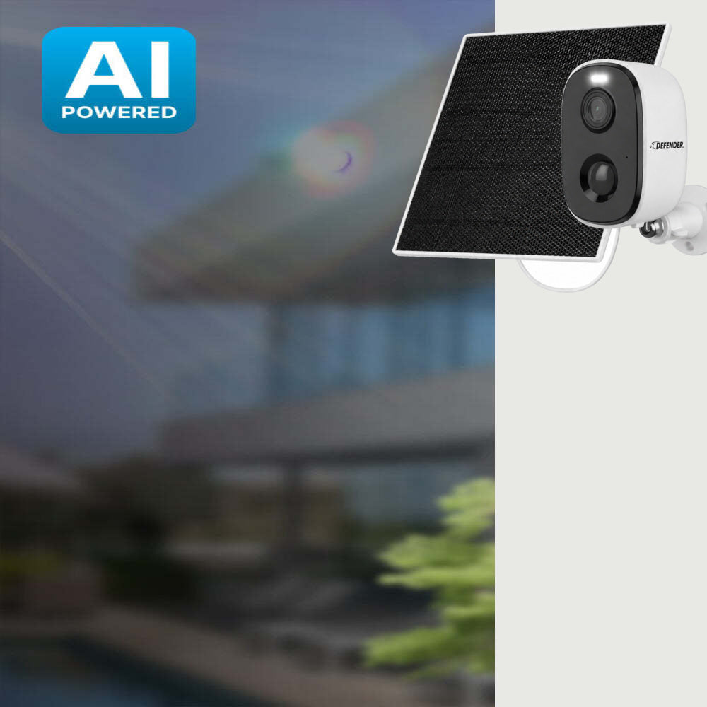Defender AI GO 24/7 2.5K wireless camera with solar panel mega menu