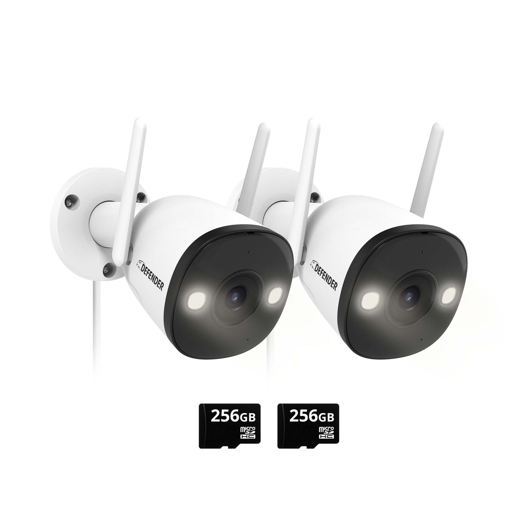 EXCLUSIVE BUNDLE: Guard Pro 2K WiFi. Plug-In Power Security Camera, 2 Pack. 2 256GB SD Cards