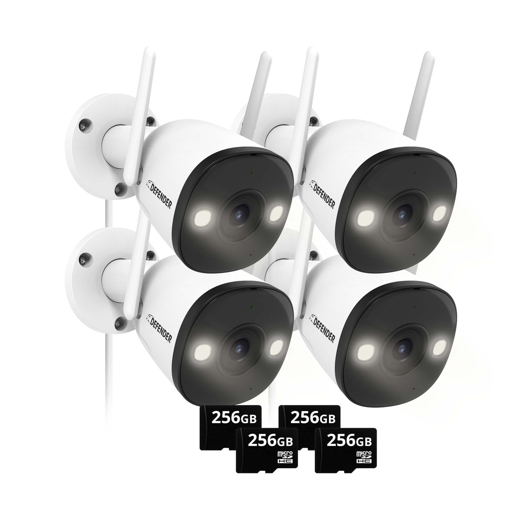 EXCLUSIVE BUNDLE: Guard Pro 2K WiFi. Plug-In Power Security Camera, 4 Pack. 4 256GB SD Cards