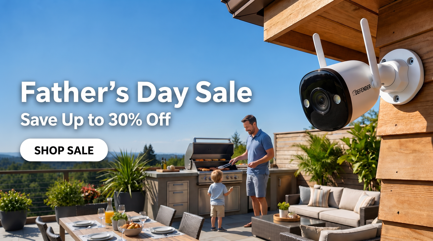 Father's Day Sale - Save Up to 30% Off - desktop hero CA (dad grilling, Defender camera)