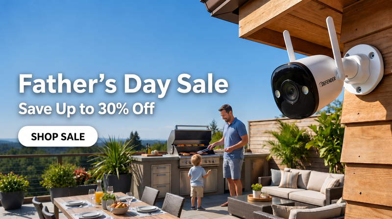 Father's Day Sale - Save Up to 30% Off - desktop hero CA (dad grilling, Defender camera)