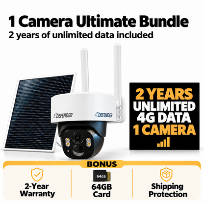 1 Camera Ultimate Bundle with solar panels, 2 years of unlimited data for each camera, BONUS warranty, microSD storage and shipping protection