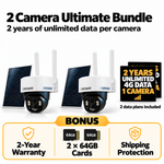 2 Camera Ultimate Bundle with solar panels, 2 years of unlimited data for each camera, BONUS warranty, microSD storage and shipping protection