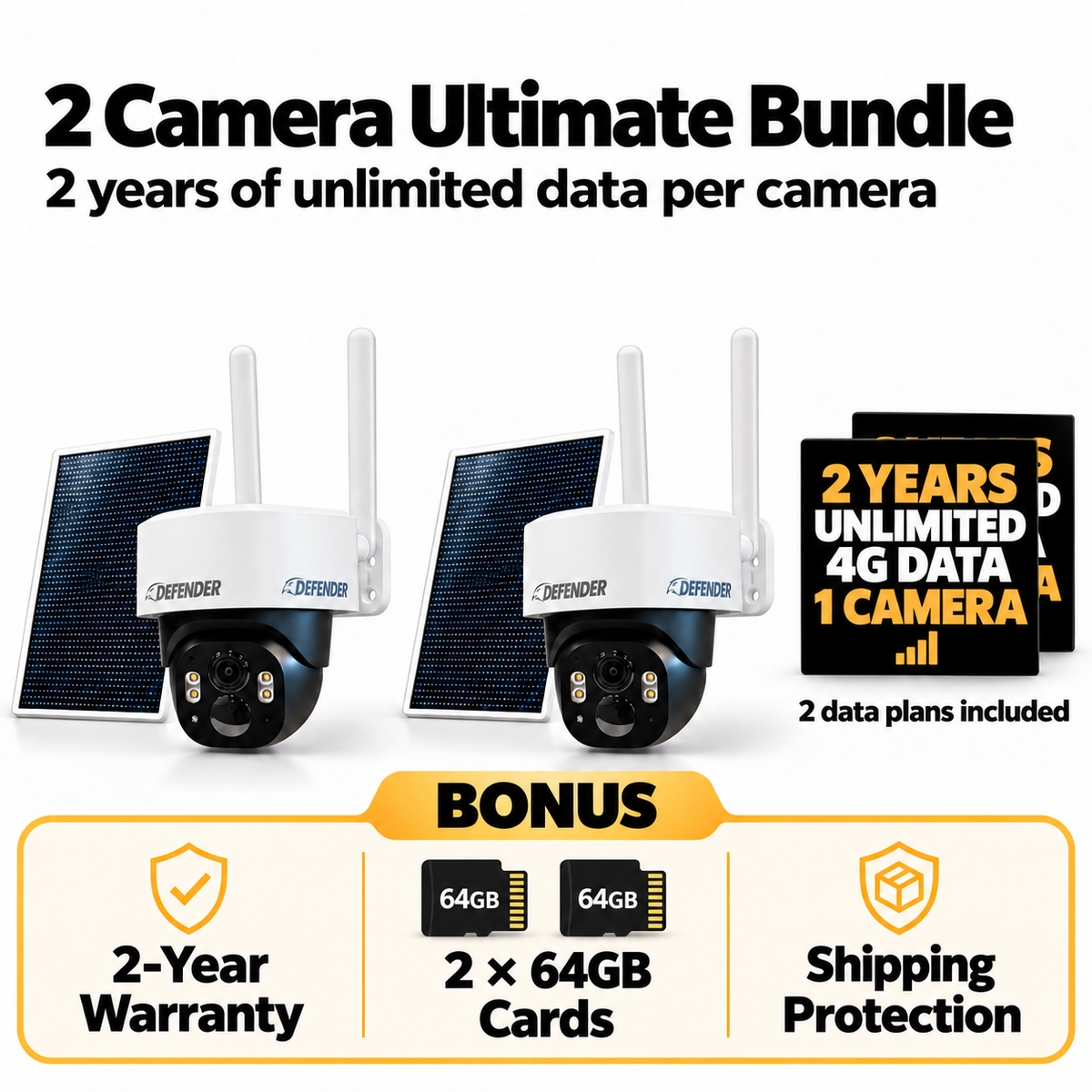 2 Camera Ultimate Bundle with solar panels, 2 years of unlimited data for each camera, BONUS warranty, microSD storage and shipping protection