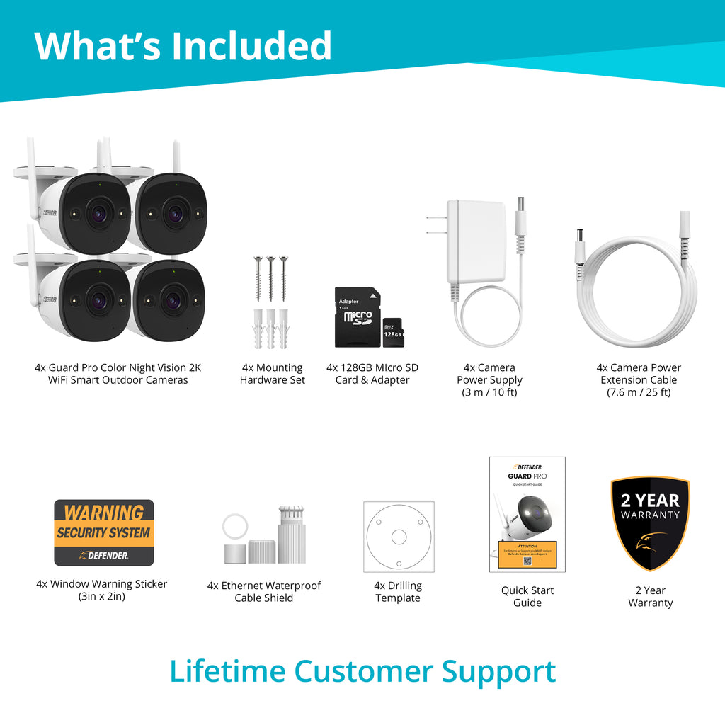 EXCLUSIVE BUNDLE: Guard Pro 2K WiFi. Plug-In Power Security Camera, 4 Pack, 4 128GB SD Cards