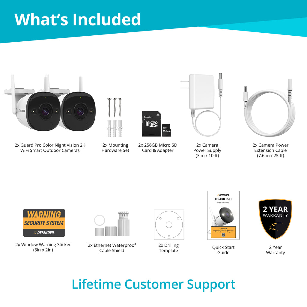 EXCLUSIVE BUNDLE: Guard Pro 2K WiFi. Plug-In Power Security Camera, 2 Pack. 2 256GB SD Cards